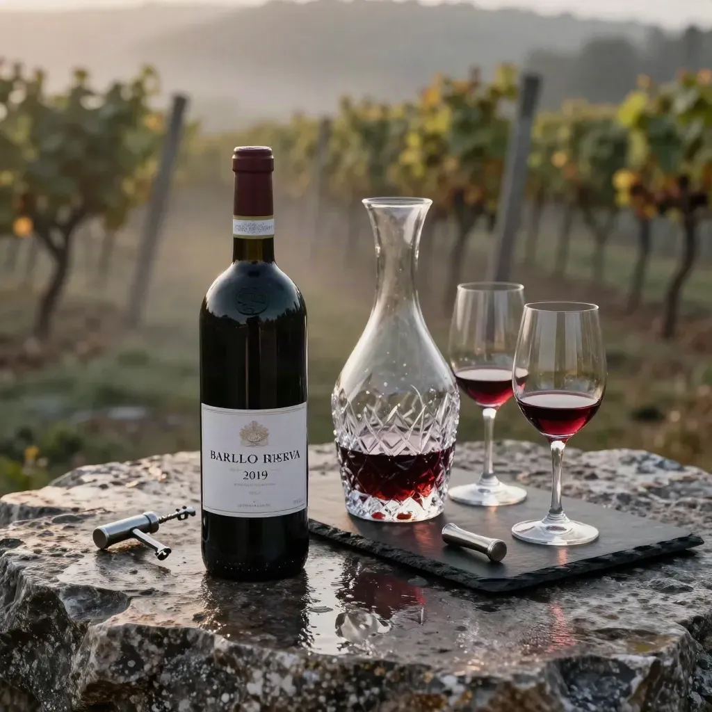 Bottiglia di Barolo Riserva con decanter, calici e accessori su pietra bagnata all’alba.