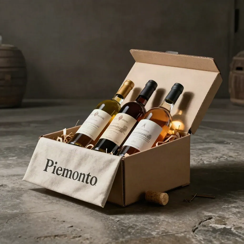 Box degustazione Piemonte con tre bottiglie e carta kraft su fondo scuro
