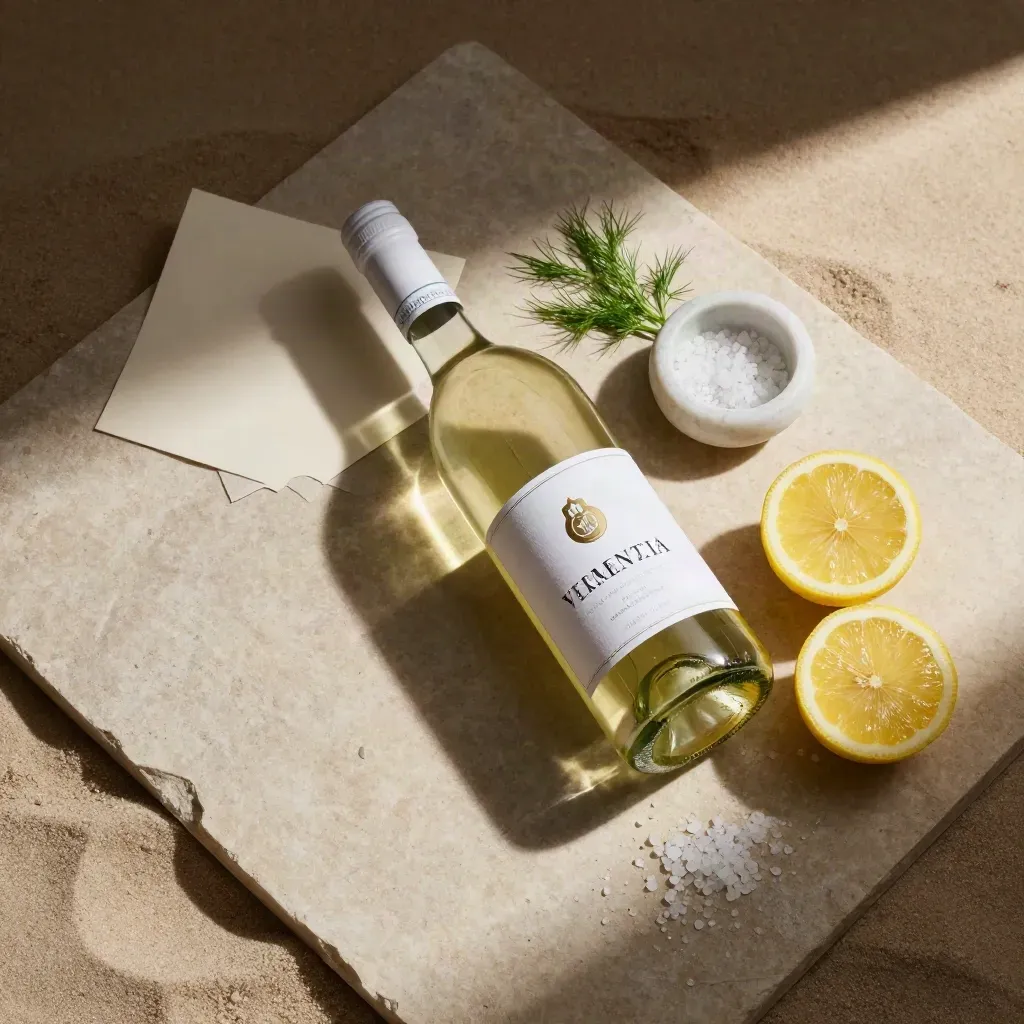 Bottiglia di Vermentino con limoni, sale marino e finocchio su lastra chiara.