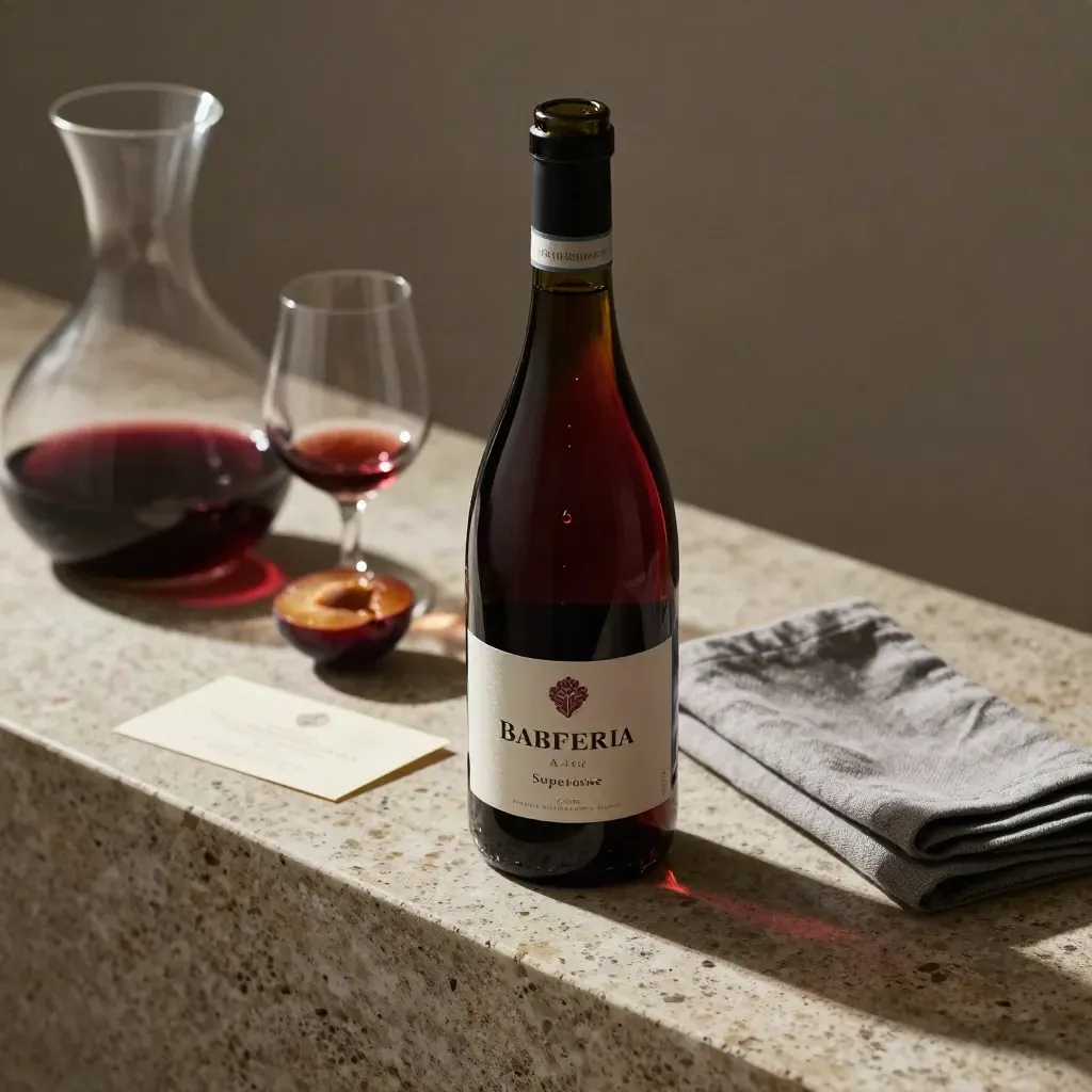Bottiglia di Barbera, calice tulipano, decanter e prugne su travertino, luce calda laterale.
