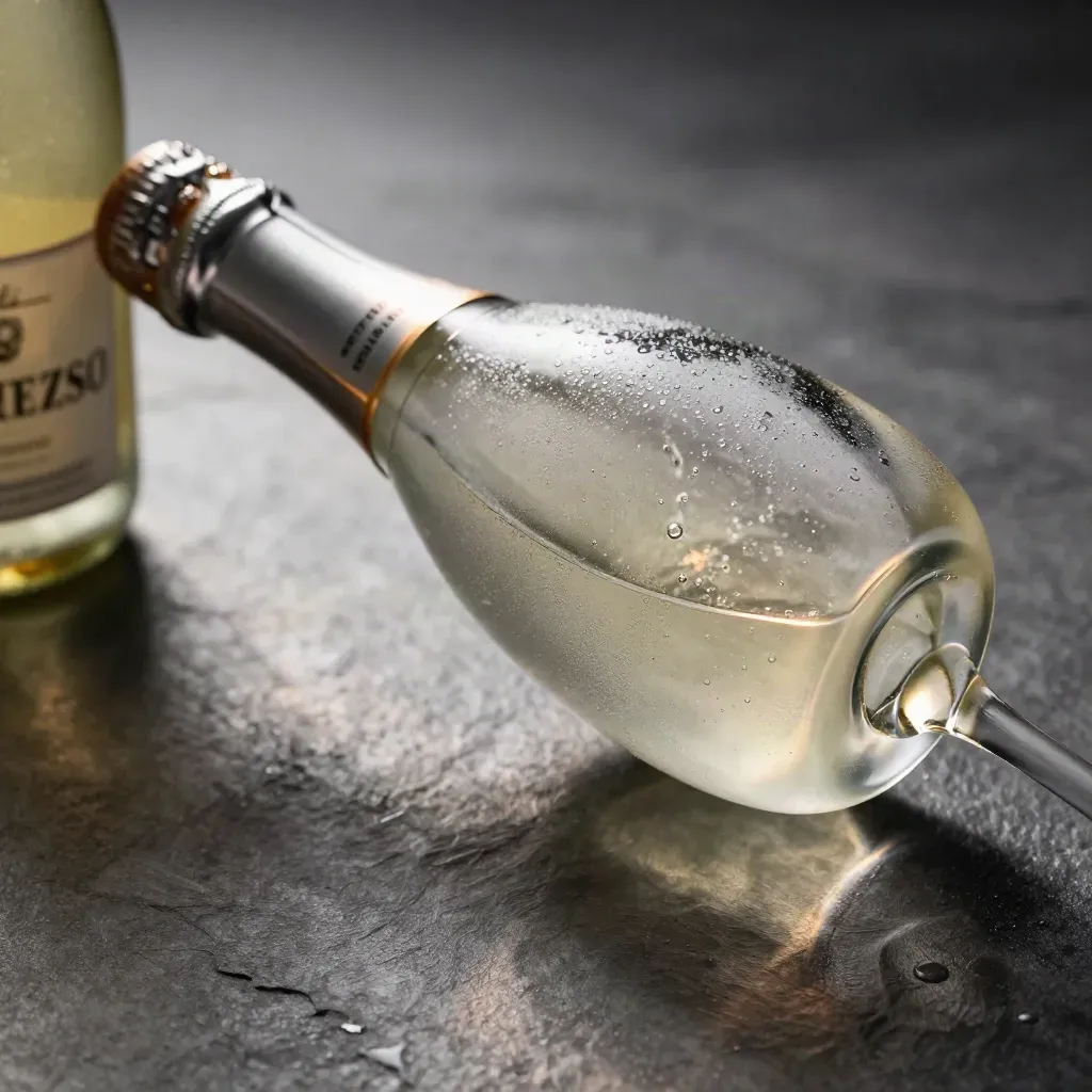 Primo piano macro di bottiglia di prosecco ghiacciata e flute con bollicine e condensa.