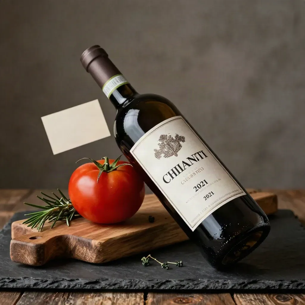 Bottiglia di Chianti Classico con collare di paglia, pane, pomodoro ed erbe in luce drammatica.