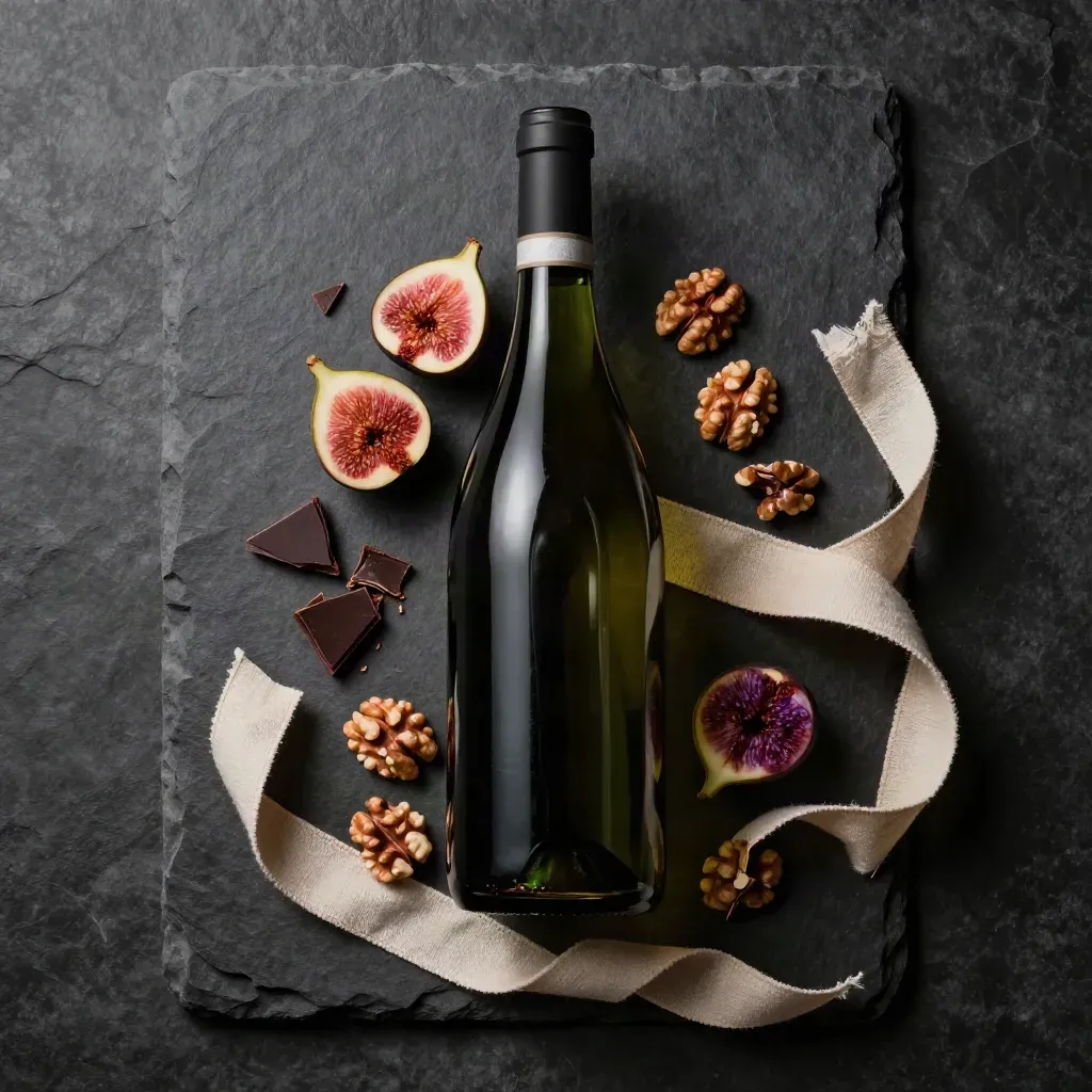 Bottiglia di Amarone con fichi secchi, cioccolato fondente, noci e nastro di lino su pietra scura.