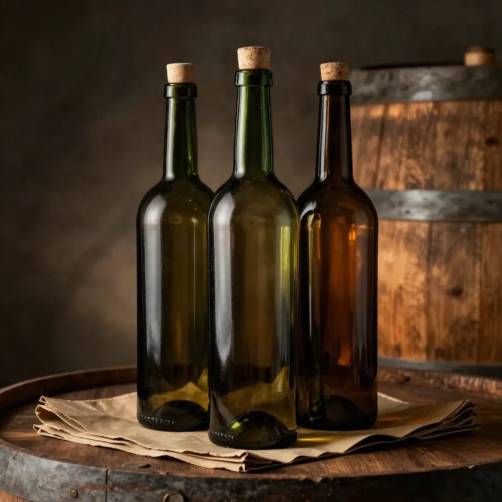 Tre bottiglie toscane senza etichetta con tappi e fascia kraft, in luce calda di taglio.
