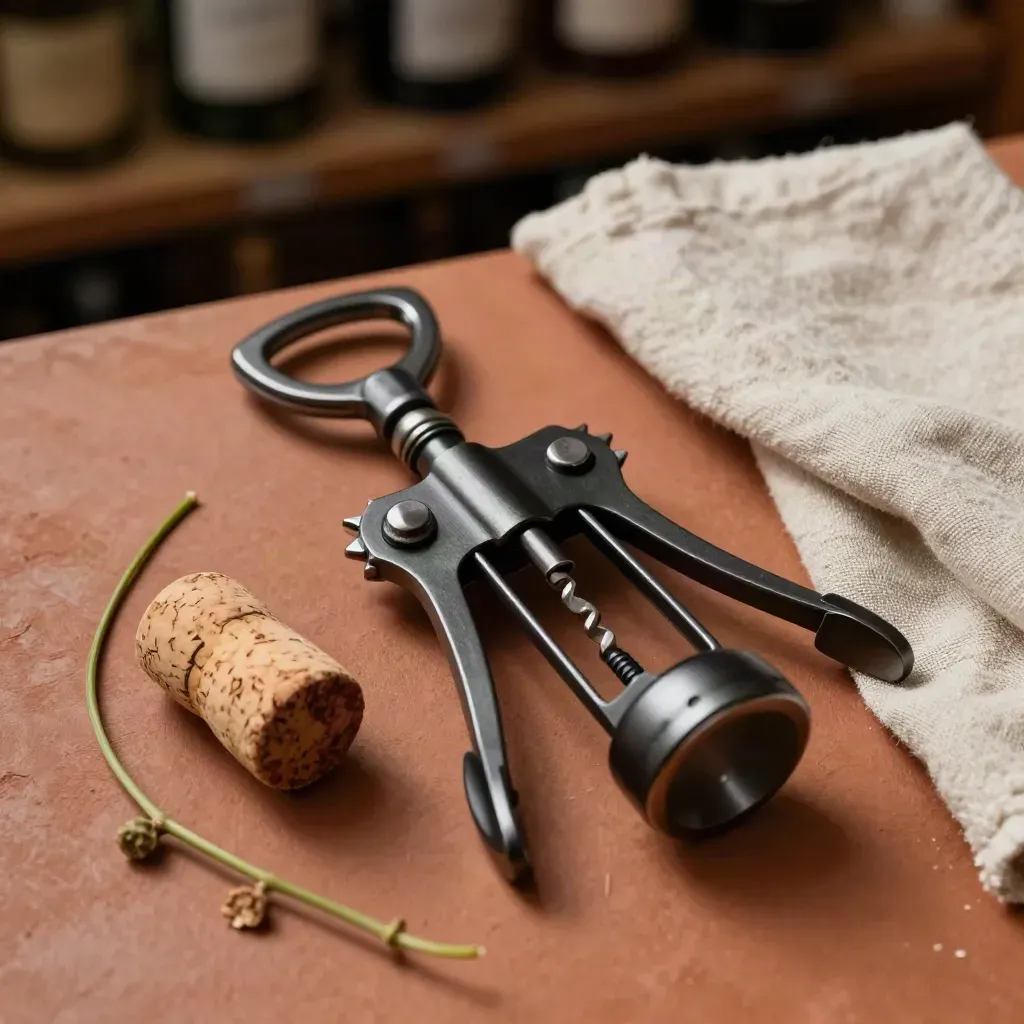 Cavatappi sommelier nero con sughero, lino e tralcio su fondo terracotta.