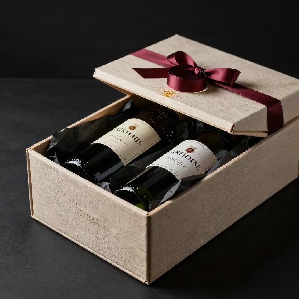 Cofanetto regalo aperto con tre bottiglie di vino, carta e tessuto nero su fondo scuro