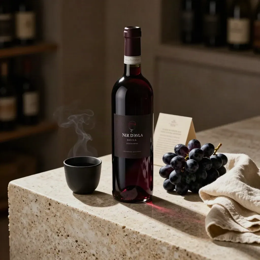 Bottiglia di Nero d’Avola con uva scura, coppa nera e lino su pietra travertino, luce da studio.