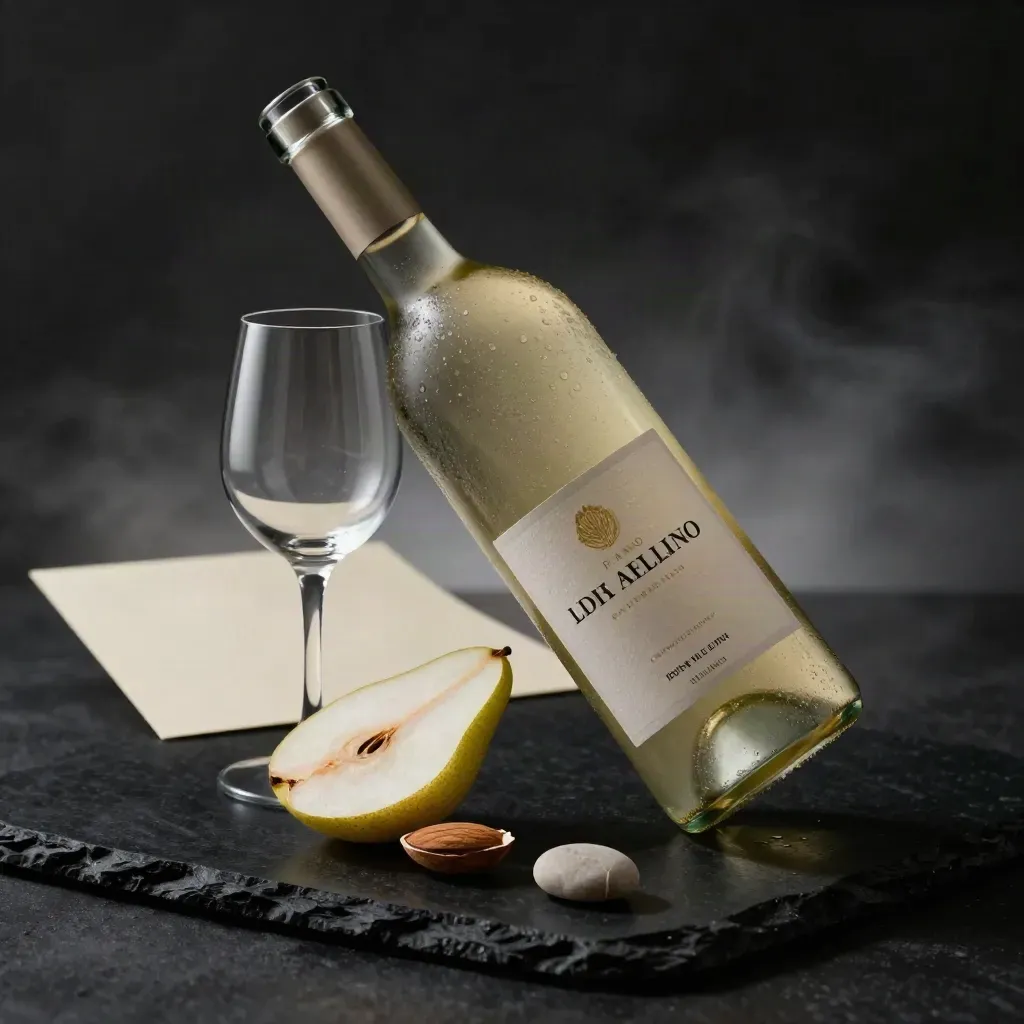 Bottiglia di Fiano di Avellino con fetta di pera, guscio di mandorla, ciottolo calcareo e calice su fondo scuro.