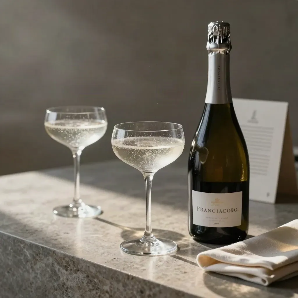 Bottiglia di Franciacorta con due coppe, tappo e tovagliolo su pietra lucida