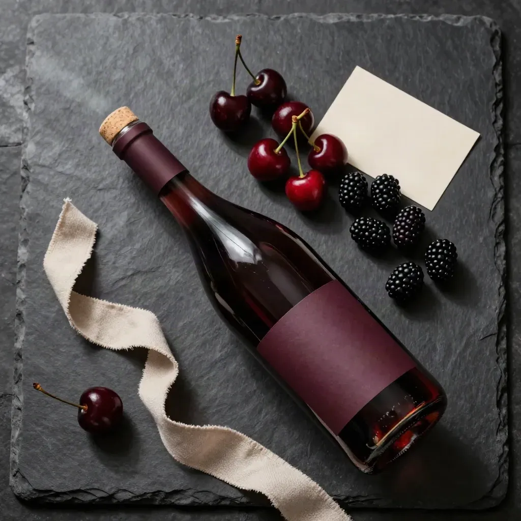 Bottiglia di Lambrusco, ciliegie e bacche scure su pietra antracite con nastro di lino.