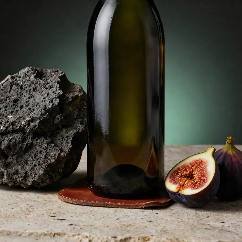 Bottiglia di Aglianico accanto a roccia vulcanica, sottobicchiere in pelle e fico scuro