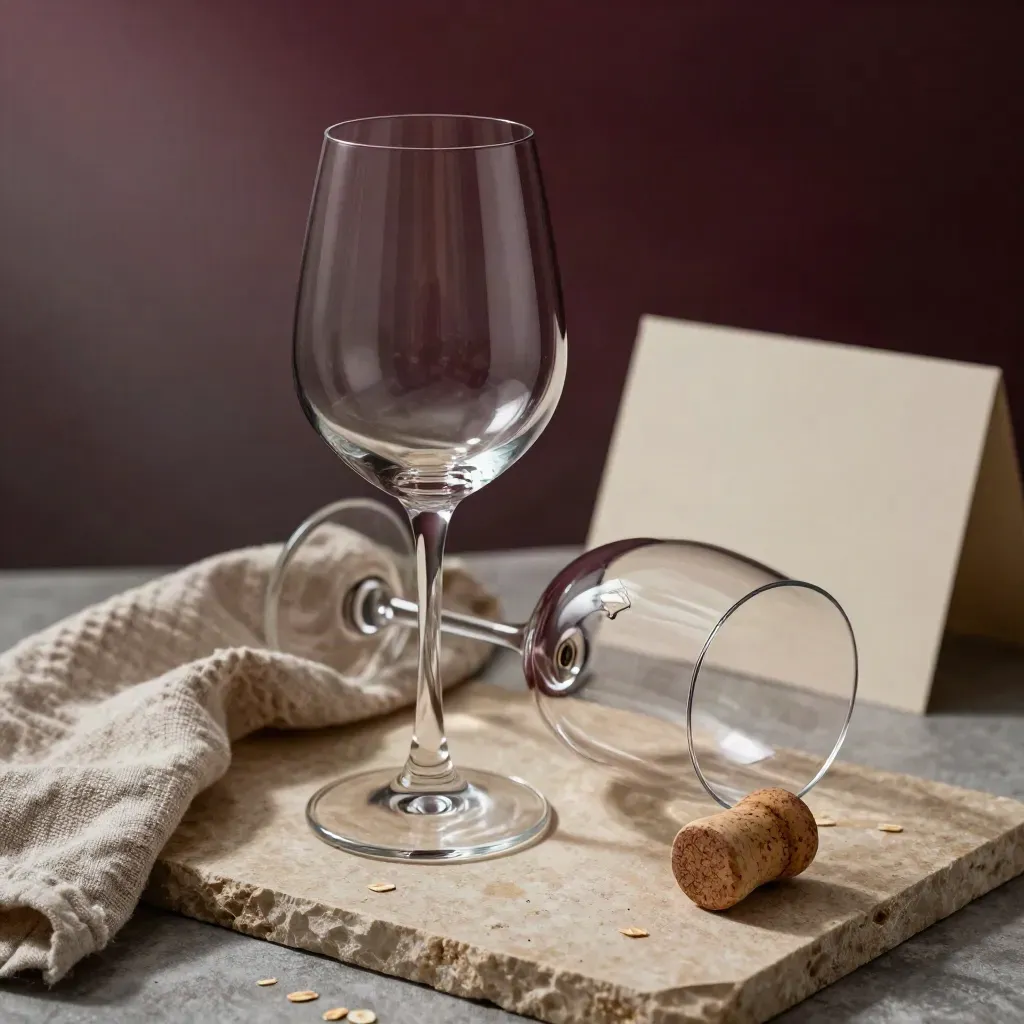Due calici da vino senza etichetta con lino piegato e tappo su fondo in pietra chiara