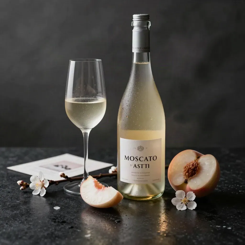 Bottiglia di Moscato d’Asti con fette di pesca, fiori bianchi e flute ghiacciato.