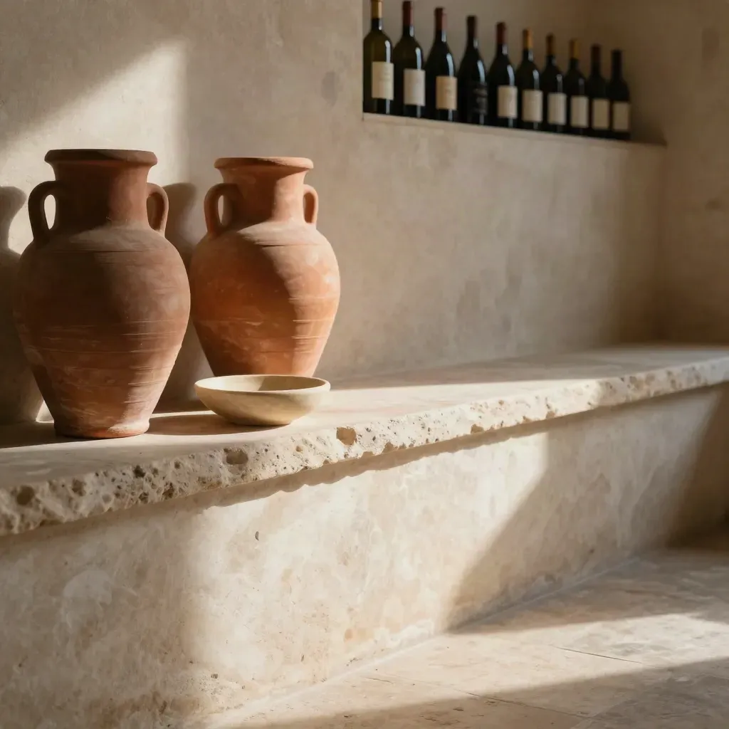 Nicchia in pietra con anfore di terracotta e sagome di bottiglie in alto, luce calda.