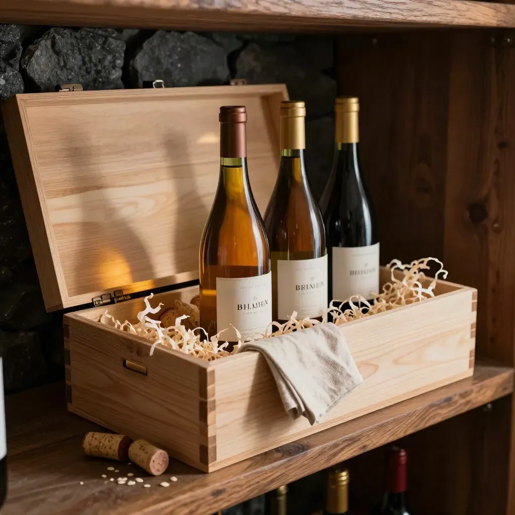 Cassetta di degustazione in legno con quattro bottiglie e trucioli, luce calda di cantina