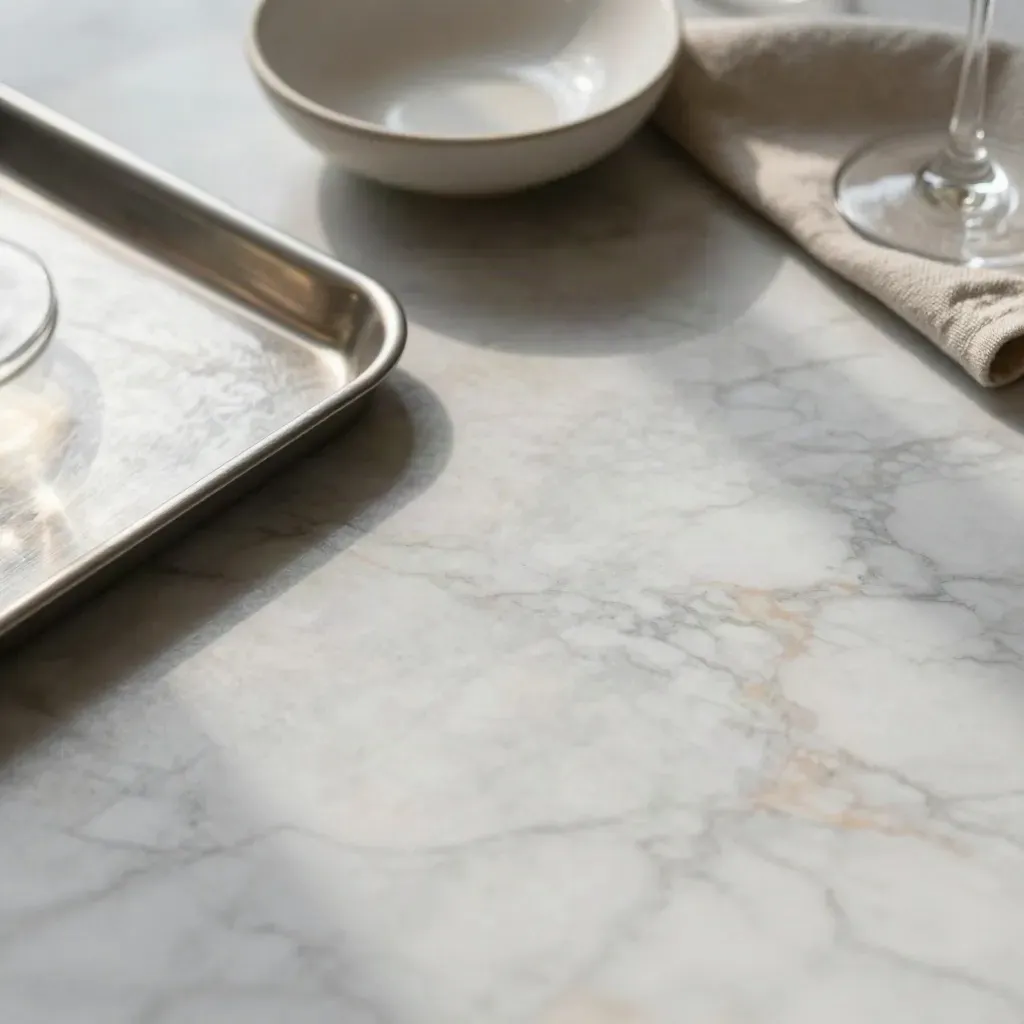 Tavolo in marmo chiaro con vassoi metallici e una ciotola in ceramica, luce mattutina.