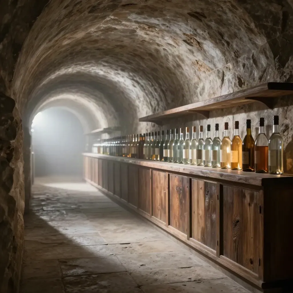 Corridoio di cantina voltata con bottiglie in alto, luce radente e atmosfera nebbiosa.