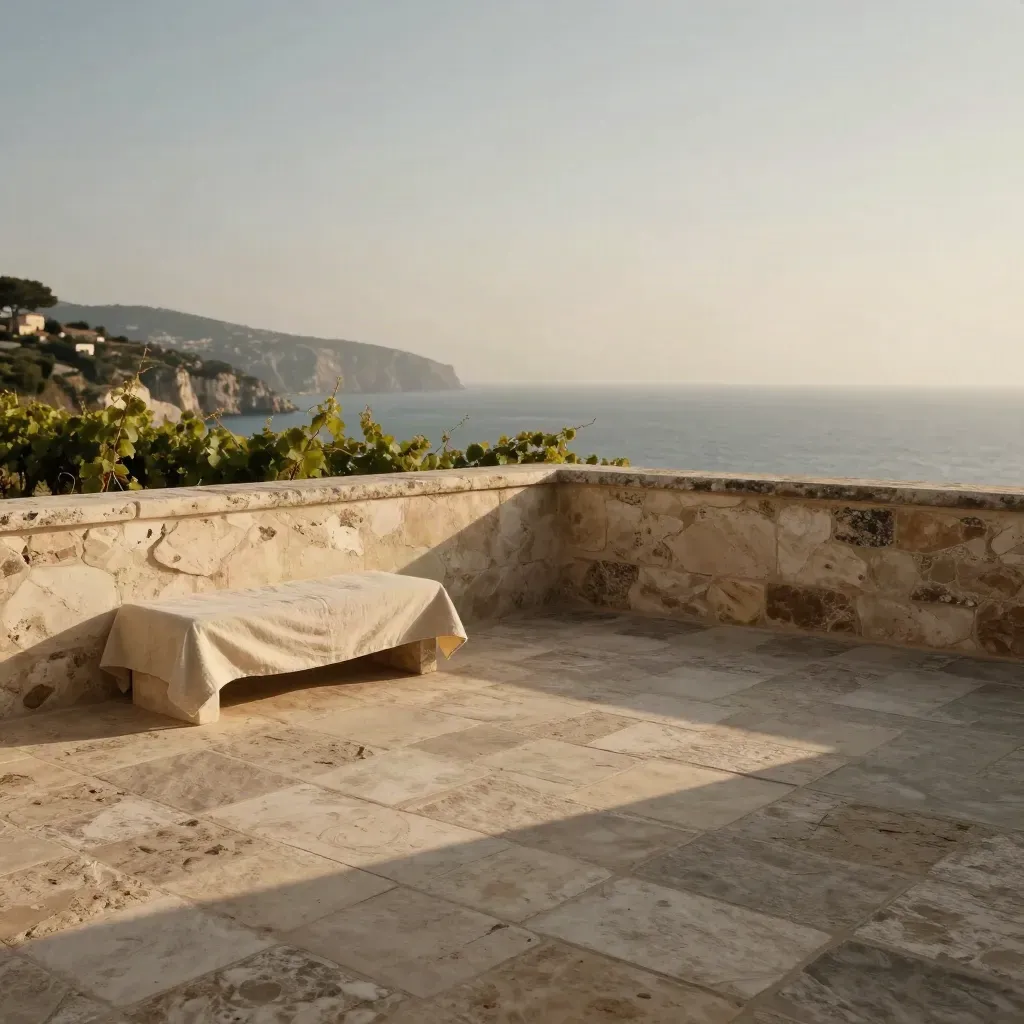 Terrazza in pietra al tramonto con panca di lino, foglie di vite e mare in lontananza.
